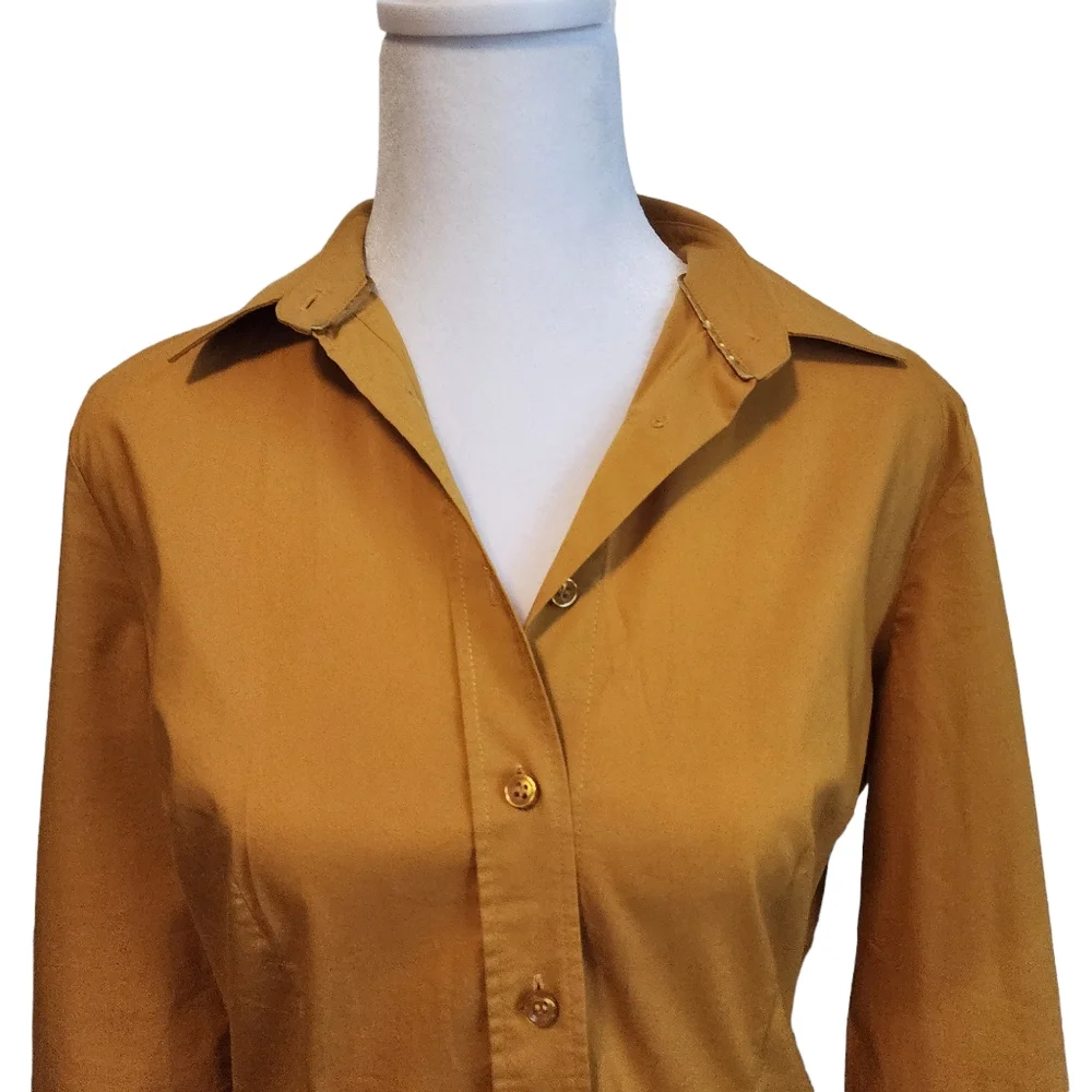 EUC New York & Company Mustard Yellow Fitted Button Up Blouse_3